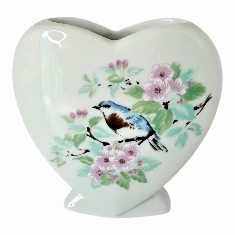 Vintage Bluebird Heart Shaped Ceramic Bud Vase Pink Floral Cherry Blossom White